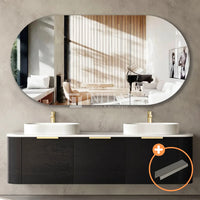 Otti Bondi Wall Hung Curve Vanity with 3 Drawers Black Oak 1800X450X450 , With Stone Top - Quartz Pure White Brushed Nickel