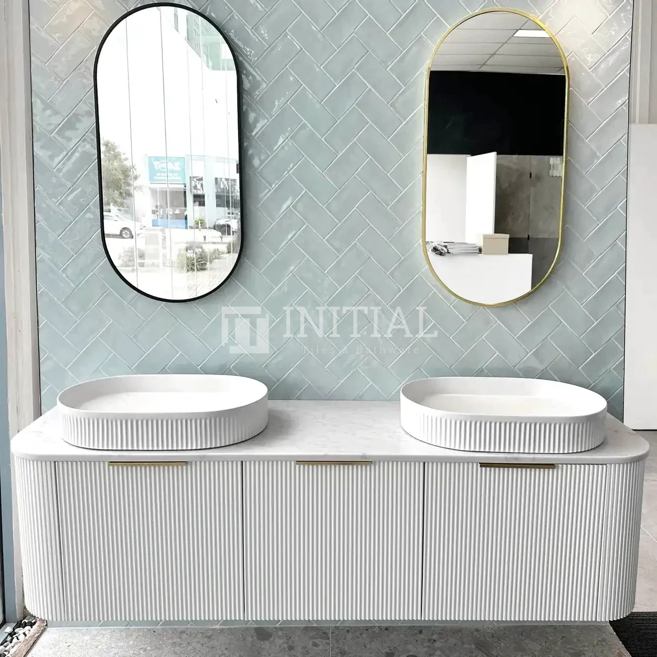 Otti Bondi Wall Hung Curve Vanity with 3 Drawers Matte White 1800X450X450 , With Stone Top - Solid Surface Carrara