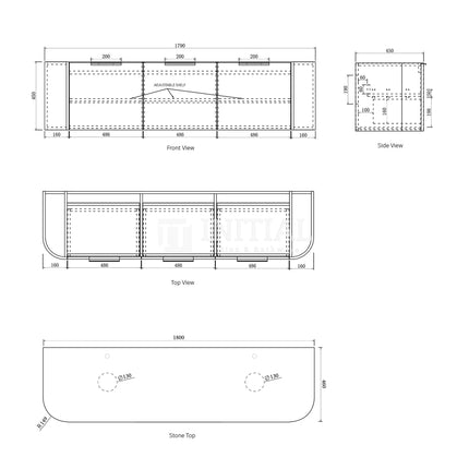 Otti Bondi Wall Hung Curve Vanity with 3 Drawers Matte White 1800X450X450 ,