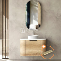 Otti Bondi Wall Hung Curve Vanity with 1 Drawer Natural Oak 750X460X450 , With Stone Top - Quartz Pure White Brushed Gold