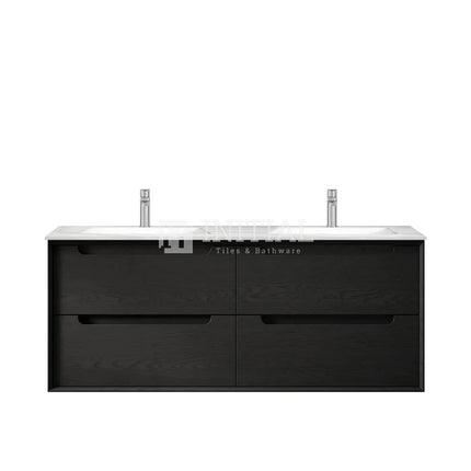 Otti Bruno Series Wall Hung Vanity with Double Basin Soft Close Doors Black Oak 1200W X 550H X 460D , With Ceramic Top None