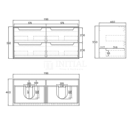 Otti Bruno Series Wall Hung Vanity with Double Basin Soft Close Doors Black Oak 1200W X 550H X 460D ,