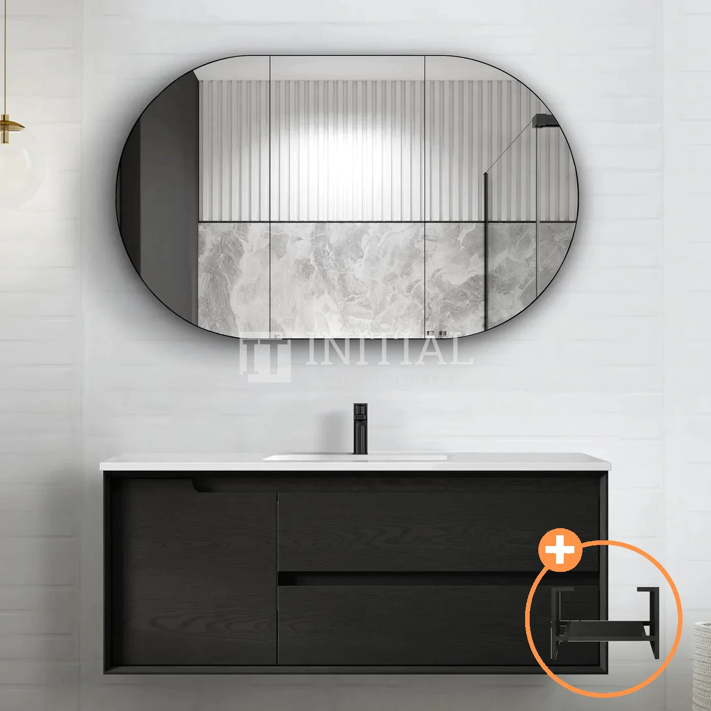 Otti Bruno Series Wall Hung Vanity with Single Basin Soft Close Doors Black Oak 1200W X 550H X 460D , With Ceramic Top With 1200mm Leg