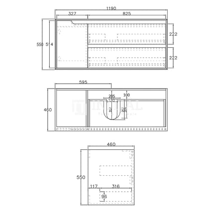 Otti Bruno Series Wall Hung Vanity with Single Basin Soft Close Doors Black Oak 1200W X 550H X 460D ,