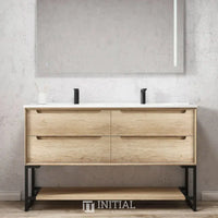 Otti Bruno Series Wall Hung Vanity with Double Basin Soft Close Doors Natural Oak 1200W X 550H X 460D , With Ceramic Top With 1200mm Leg