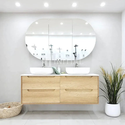 Otti Bruno Series Wall Hung Vanity with Double Basin Soft Close Doors Natural Oak 1200W X 550H X 460D , With Above Counter Rock Plate - Mont Blanc None