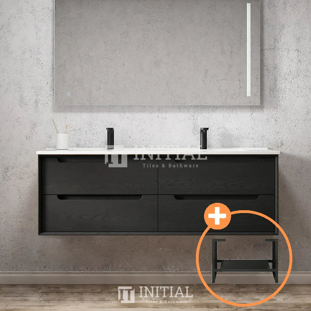 Otti Bruno Series Wall Hung Vanity with Double Basin Soft Close Doors Black Oak 1500W X 550H X 460D , With Ceramic Top + 1500mm Leg