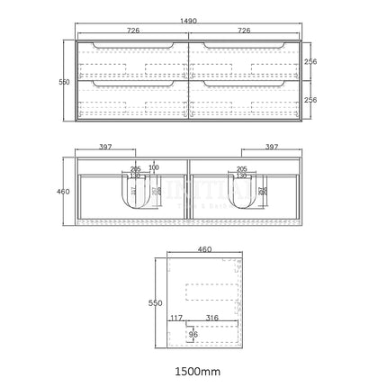 Otti Bruno Series Wall Hung Vanity with Double Basin Soft Close Doors Black Oak 1500W X 550H X 460D ,