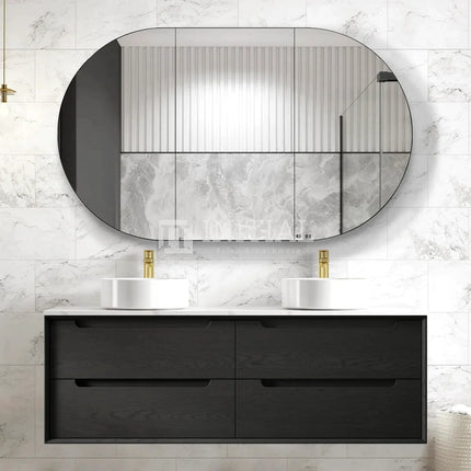 Otti Bruno Series Wall Hung Vanity with Double Basin Soft Close Doors Black Oak 1500W X 550H X 460D , + 15mm Above Counter - Mont Blanc None
