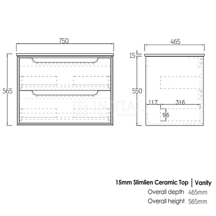 Otti Bruno Series Wall Hung Vanity with 2 Drawers Soft Close Doors Black Oak 750W X 550H X 460D ,