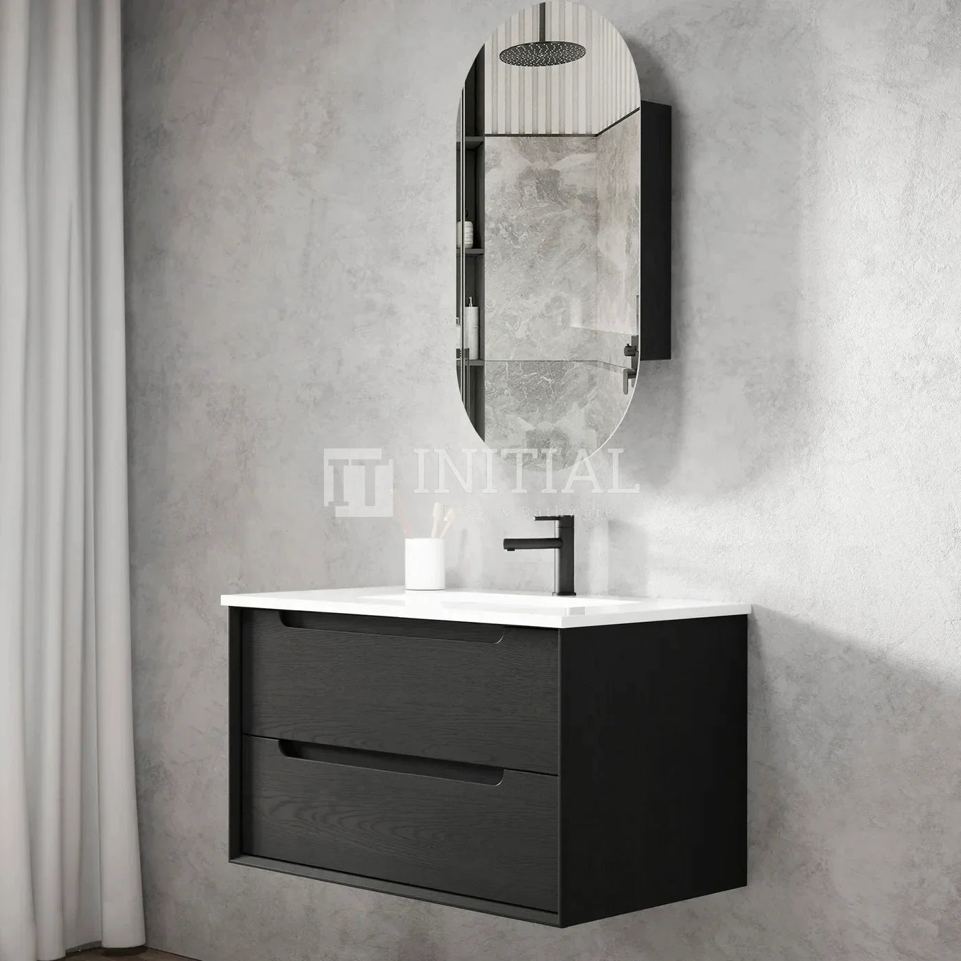 Otti Bruno Series Wall Hung Vanity with 2 Drawers Soft Close Doors Black Oak 900W X 550H X 460D ,