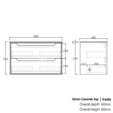 Otti Bruno Series Wall Hung Vanity with 2 Drawers Soft Close Doors Black Oak 900W X 550H X 460D ,