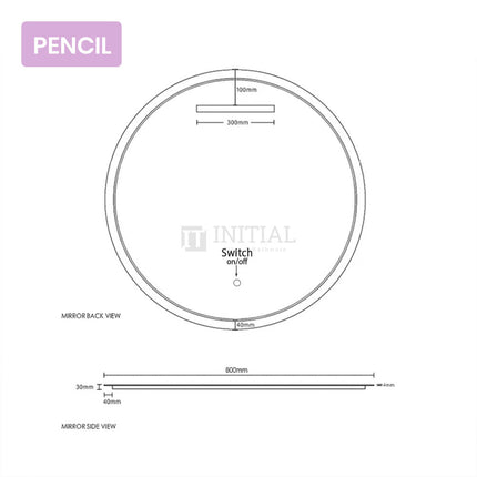 Wall Mounted Coogee LED Frameless Round Mirror Pencil Edge 800mm ,