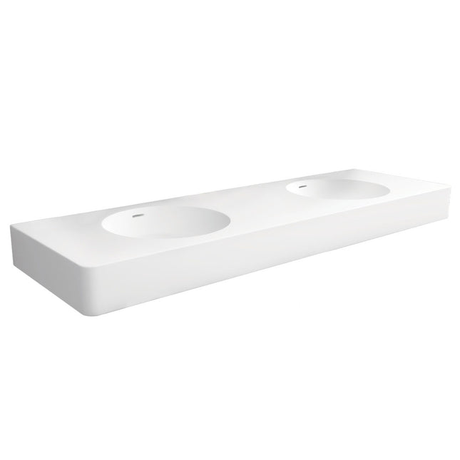 Fienza Encanto Cast Stone Matte White Double Bowl Wall Basin, 1400 mm, No Tap Hole ,