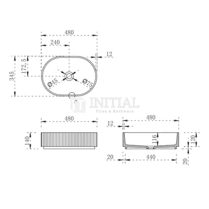 Stadio Groove Fluted Above Counter Basin, Oval, Matte White ,