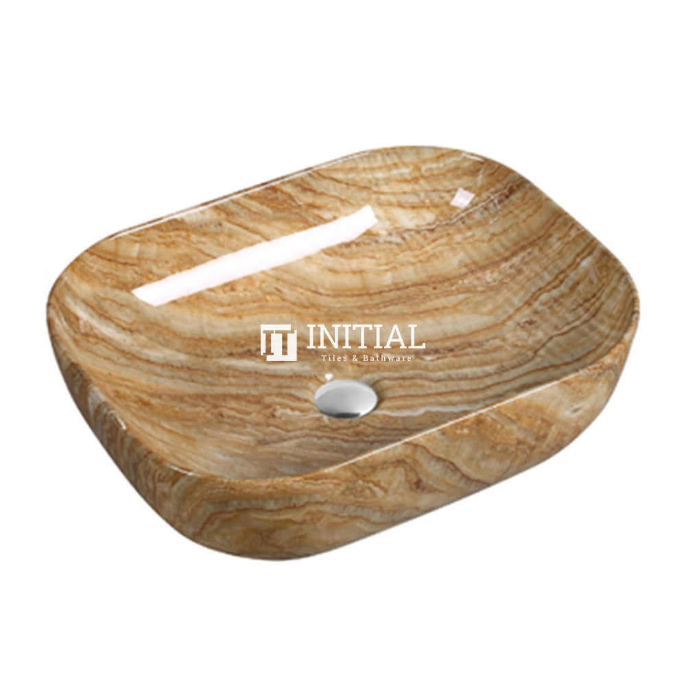 Above Counter Gloss Marble Oak Surface Rectangle Curved Rim Ceramic Basin 505x400x140 ,
