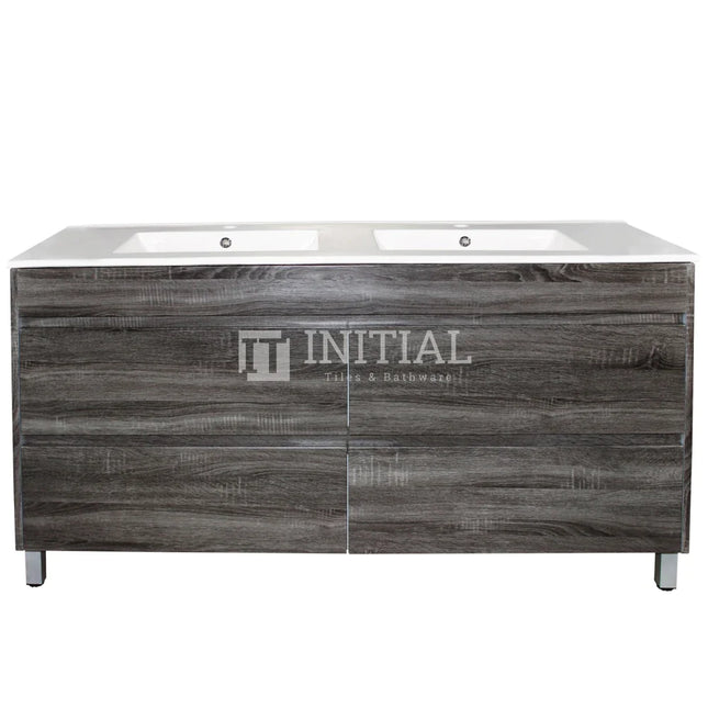 Qubix Wood Grain Freestanding Floor Vanity Double Bowls Dark Grey 1490W X 850H X 450D ,