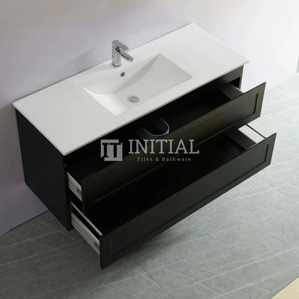 Fremantle Hampton Style Matte Black Wall Hung Vanity Cabinet & Ceramic Top Single Bowl 1190W X 450H X 560D ,