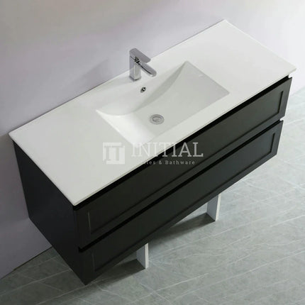 Fremantle Hampton Style Matte Black Wall Hung Vanity Cabinet & Ceramic Top Single Bowl 1190W X 450H X 560D ,