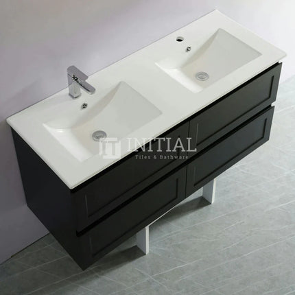 Fremantle Hampton Style Matte Black Wall Hung Vanity Cabinet & Ceramic Top Double Bowl 1200W X 450H X 560D ,