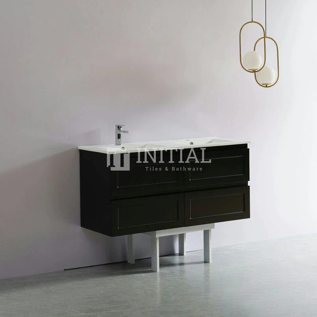 Fremantle Hampton Style Matte Black Wall Hung Vanity Cabinet & Ceramic Top Double Bowl 1200W X 450H X 560D ,