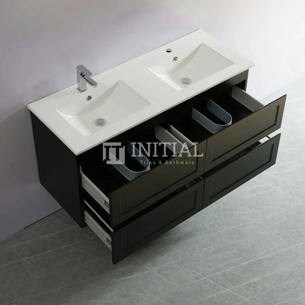 Fremantle Hampton Style Matte Black Wall Hung Vanity Cabinet & Ceramic Top Double Bowl 1200W X 450H X 560D ,