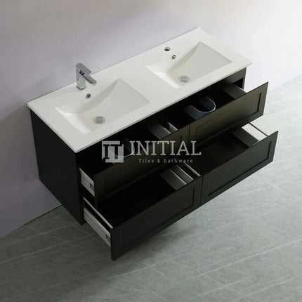 Fremantle Hampton Style Matte Black Wall Hung Vanity Cabinet & Ceramic Top Double Bowl 1200W X 450H X 560D ,