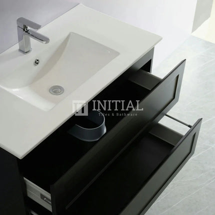 Fremantle Hampton Style Matte Black Wall Hung Vanity Cabinet & Ceramic Top 890W X 450H X 560D ,
