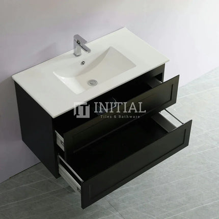 Fremantle Hampton Style Matte Black Wall Hung Vanity Cabinet & Ceramic Top 890W X 450H X 560D ,