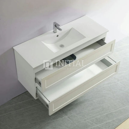 Fremantle Hampton Style Matte White Wall Hung Vanity Cabinet & Ceramic Top Single Bowl 1190W X 450H X 560D ,