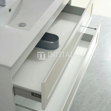 Fremantle Hampton Style Matte White Wall Hung Vanity Cabinet & Ceramic Top Single Bowl 1190W X 450H X 560D ,