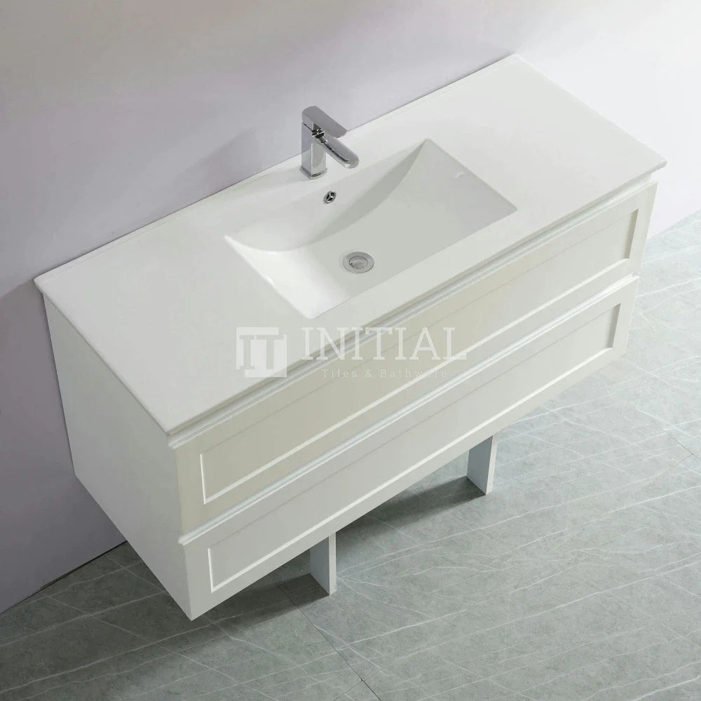 Fremantle Hampton Style Matte White Wall Hung Vanity Cabinet & Ceramic Top Single Bowl 1190W X 450H X 560D ,