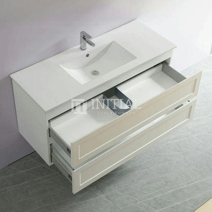Fremantle Hampton Style Matte White Wall Hung Vanity Cabinet & Ceramic Top Single Bowl 1190W X 450H X 560D ,