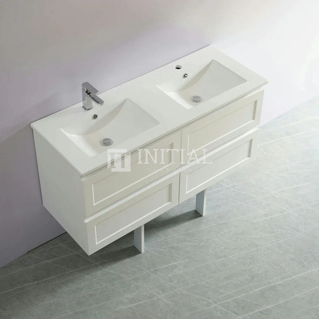 Fremantle Hampton Style Matte White Wall Hung Vanity Cabinet & Ceramic Top Double Bowl 1200W X 450H X 560D ,