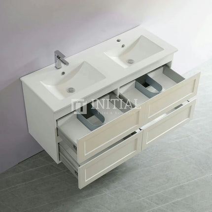 Fremantle Hampton Style Matte White Wall Hung Vanity Cabinet & Ceramic Top Double Bowl 1200W X 450H X 560D ,