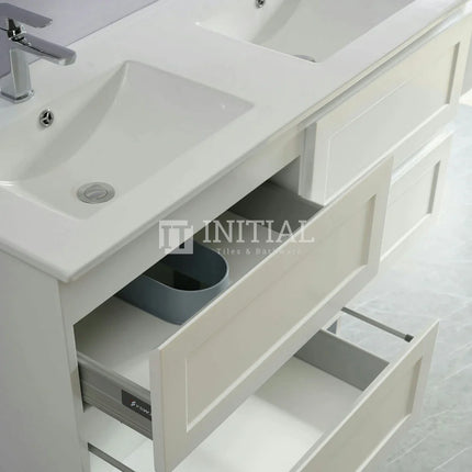 Fremantle Hampton Style Matte White Wall Hung Vanity Cabinet & Ceramic Top Double Bowl 1200W X 450H X 560D ,