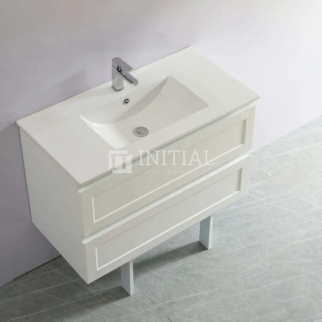 Fremantle Hampton Style Matte White Wall Hung Vanity Cabinet & Ceramic Top 890W X 450H X 560D ,