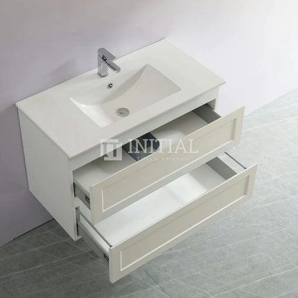 Fremantle Hampton Style Matte White Wall Hung Vanity Cabinet & Ceramic Top 890W X 450H X 560D ,