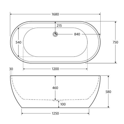 Fienza Koko 1680 Freestanding Acrylic Bathtub, Matte White ,