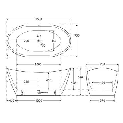 Fienza Paola 1500 Freestanding Acrylic Bathtub, Gloss White, Slim Edge ,