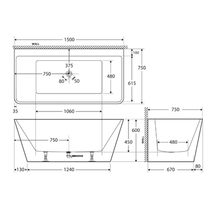 Fienza Delta 1500 Back To Wall Acrylic Bathtub, Gloss White ,