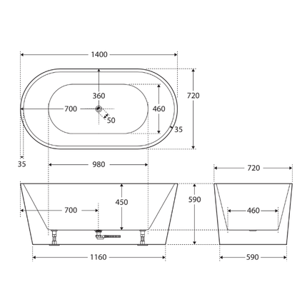 Fienza Empire 1400 Freestanding Acrylic Bathtub, Gloss White, Slim Edge ,