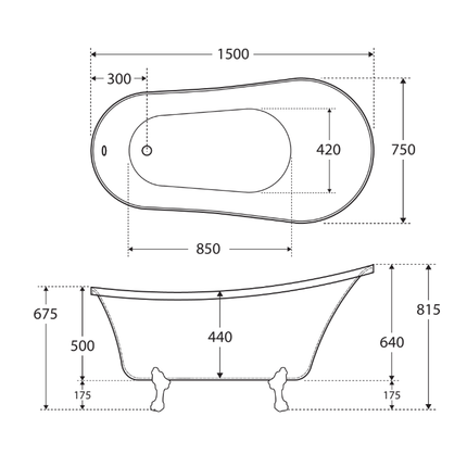 Fienza Clawfoot Freestanding Acrylic Bathtub, Gloss White, Matte Black Feet ,