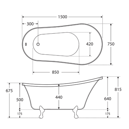 Fienza Clawfoot Freestanding Acrylic Bathtub, Gloss White, Semi Gloss White Feet ,