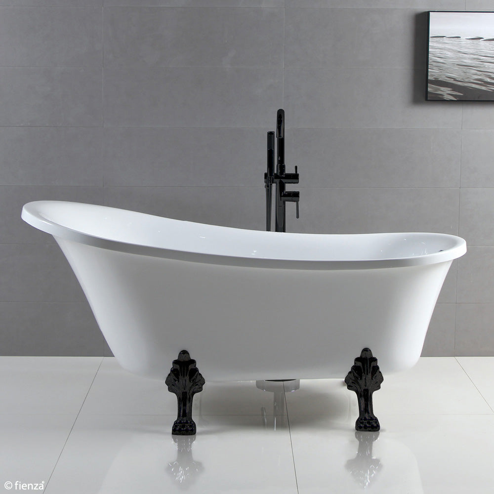 Fienza Clawfoot Freestanding Acrylic Bathtub, Gloss White, Matte Black Feet ,