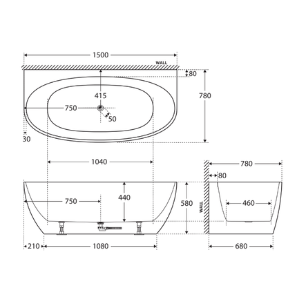 Fienza Keeto 1500 Back To Wall Acrylic Bathtub, Gloss White ,