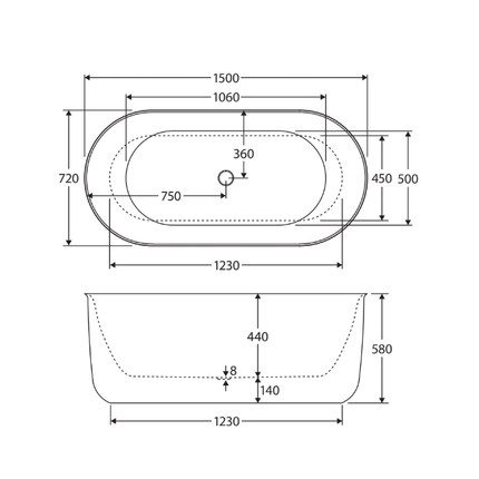 Fienza Windsor 1500 Freestanding Acrylic Bathtub, Matte Black ,