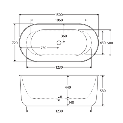 Fienza Windsor 1500 Freestanding Acrylic Bathtub, Gloss White ,