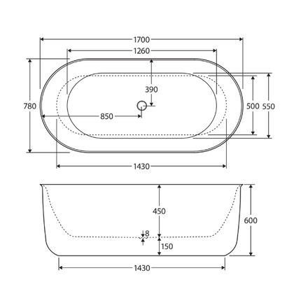 Fienza Windsor 1700 Freestanding Acrylic Bathtub, Gloss White ,