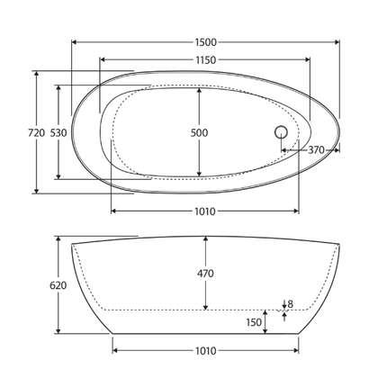Fienza Dayo 1500 Freestanding Acrylic Bathtub, Gloss White ,